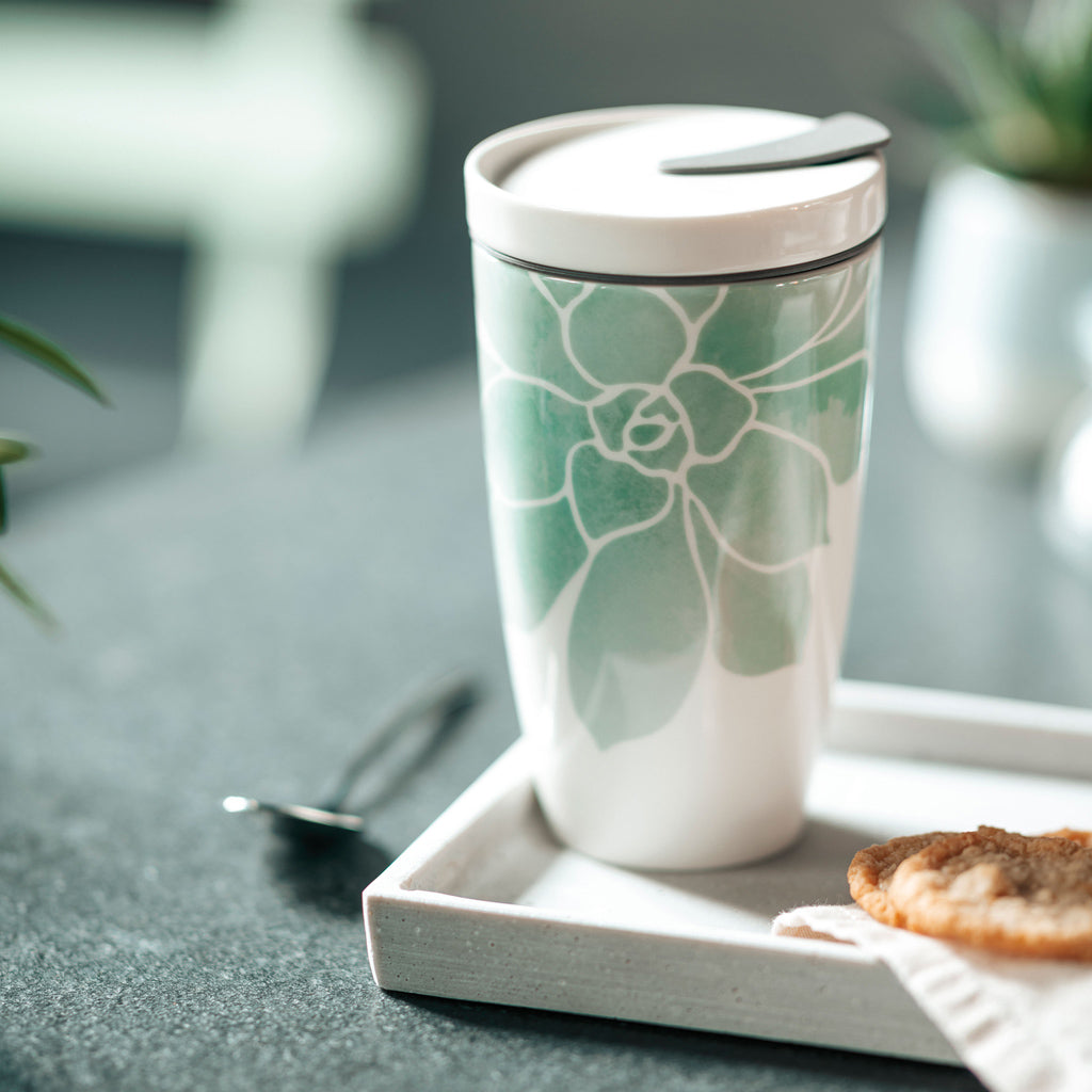 VILLEROY AND BOCH H Coffee To Go Yeşil Çiçekli Porselen Kupa Termos 0,35L D’Maison 