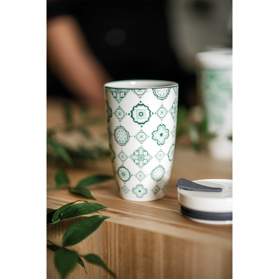 VILLEROY AND BOCH Coffee To Go Yeşil Desenli Kapaklı Porselen Kupa 0,35L D’Maison 