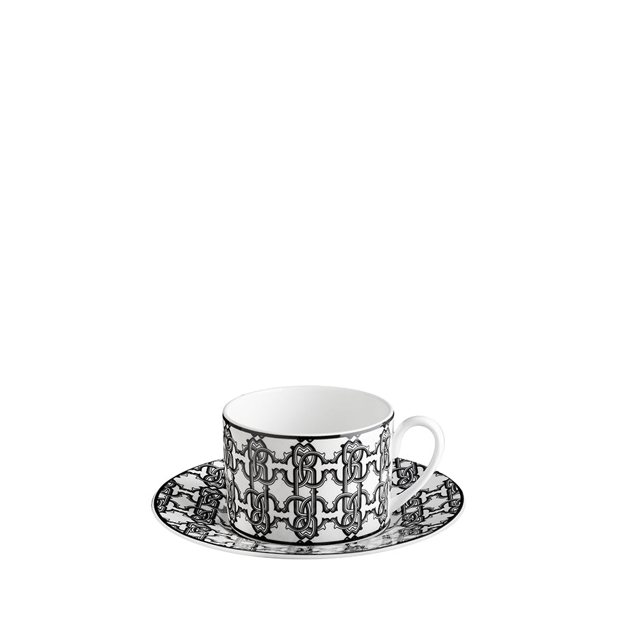 ROBERTO CAVALLI Monogram Black Siyah Beyaz Desenli Porselen Kahve & Çay Fincan ve Tabağı D’Maison 